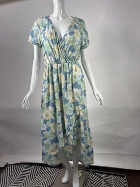 Floral Blue Wrap Maxi Dress By Fifth Ray M Polyester Blend  Made In USA